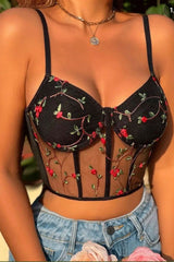Brassière bustier en maille brodée de fleurs noires
