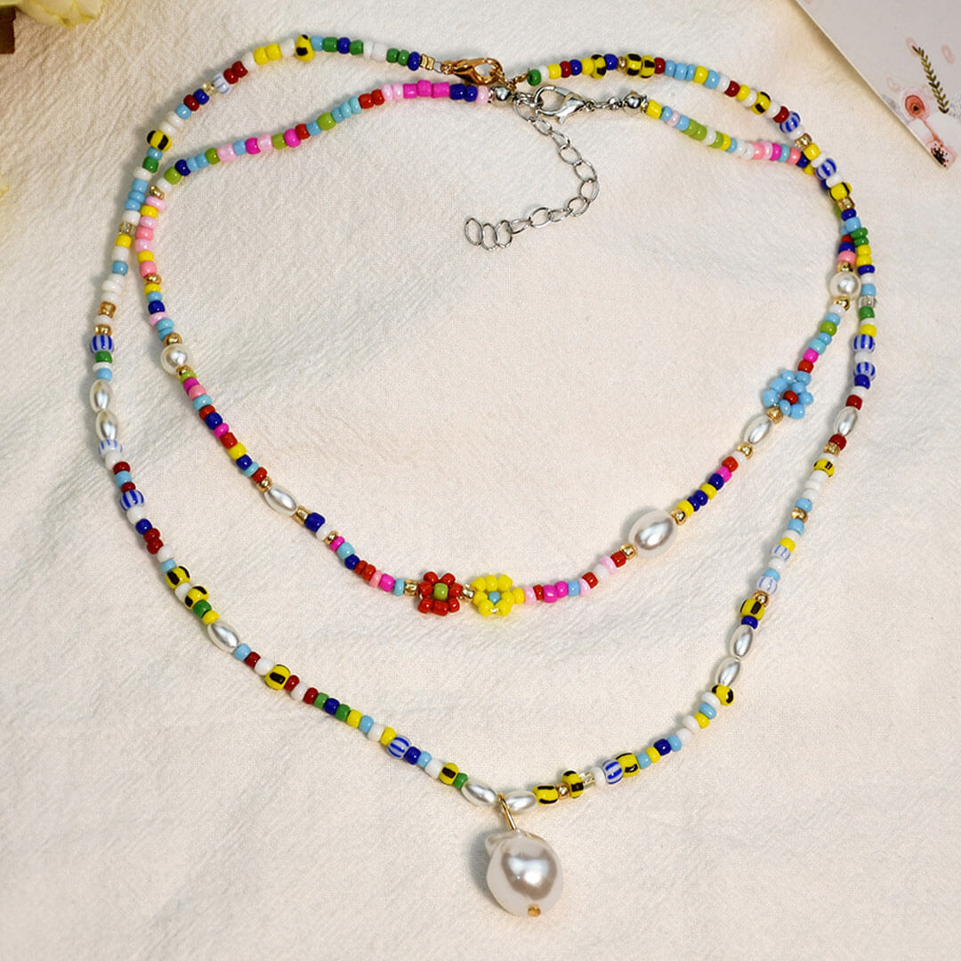 Boho Faux Baroque Pearl Bead Pendant Charm Necklace - Multicolor