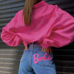 Bold Collared Long Sleeve Button Up Oversized Shirt - Hot Pink