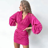 Robe courte de soirée à col en V et manches évasées à couper le souffle - Rose vif