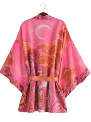 Kurzer Baumwoll-Bademantel mit Blumenmuster in Rosa