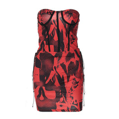 Chic Checkerboard Strapless Crop Top Lace Up Bodycon Mini Skirt Matching Set - Red