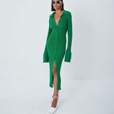 Robe longue chic en tricot côtelé à manches longues et col boutonné - Vert