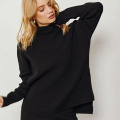 Schickes Pullover-Set mit hohem Halsausschnitt und Rippstrick, weites Bein und Hose – Schwarz