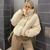 Chic Zipped Drop Shoulder Long Sleeve Stand Collar Cropped Puffer Coat - Beige