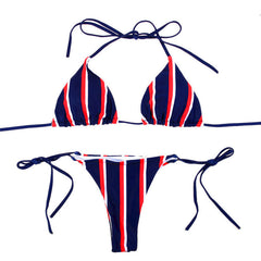 Ensemble de bikini triangle coulissant à rayures classiques - Bleu foncé