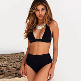 Ensemble de bikini triangle coulissant taille haute de style classique de couleur unie - Noir
