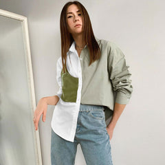 Langarmhemd mit Knopfleiste und Kunstleder-Panel in Kontrastfarbe - Grün