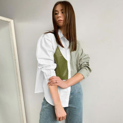 Langarmhemd mit Knopfleiste und Kunstleder-Panel in Kontrastfarbe - Grün