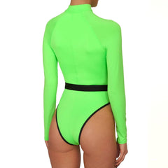 Maillot de bain une pièce rashguard à manches longues contrastées - Vert fluo