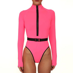 Maillot de bain une pièce rashguard à manches longues contrastées - Rose fluo