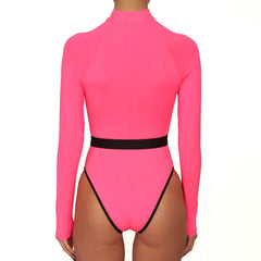 Maillot de bain une pièce rashguard à manches longues contrastées - Rose fluo