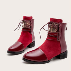 Contrast Panel Metal Trim Lace Up Faux Leather Ankle Boots - Red