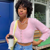 Süße, flauschige Strickjacke mit U-Ausschnitt und Ärmeln - Rosa