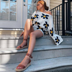 Süßes Blumendruck Pullover Strick Shorts Passendes Set - Weiß