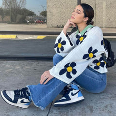 Süßes Blumendruck Pullover Strick Shorts Passendes Set - Weiß