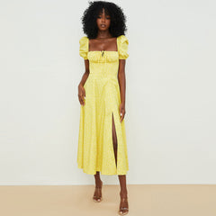 Daisy Printed Puff Sleeve High Slit Smock Maxi Sundress - Dark Yellow