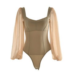 Elegant High Cut Mesh Puff Sleeves Sweetheart Bodysuit - Khaki