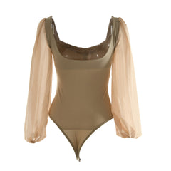 Elegant High Cut Mesh Puff Sleeves Sweetheart Bodysuit - Khaki