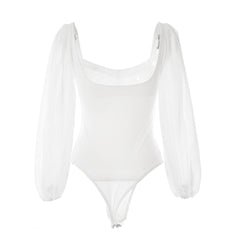 Elegant High Cut Mesh Puff Sleeves Sweetheart Bodysuit - White