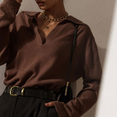 Fabulous Solid Color Collared V Neck Long Sleeve Sweater - Coffee