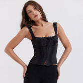 Fresh – Bustier-Tanktop mit quadratischem Ausschnitt und Rüschen und Blumenmuster zum Binden vorne – Schwarz