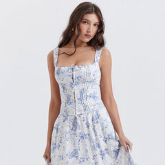 Fresh – Bustier-Tanktop mit quadratischem Ausschnitt und Rüschen und Blumenmuster - Blau