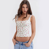 Fresh – Bustier-Tanktop mit quadratischem Ausschnitt und Rüschen und Blumenmuster zum Binden vorne – Rosa