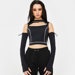 Futuristisches Crop Top mit hohem Halsausschnitt und Cut-Outs, langärmlig, Schwarz