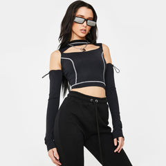 Futuristisches Crop Top mit hohem Halsausschnitt und Cut-Outs, langärmlig, Schwarz