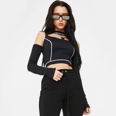 Futuristisches Crop Top mit hohem Halsausschnitt und Cut-Outs, langärmlig, Schwarz