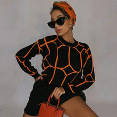 Geometrisches Muster Rundhalsausschnitt Drop Shoulder Langarm Pullover - Schwarz