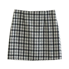 Figurbetonter Minirock mit geometrischem Karomuster und hoher Taille und Schlitzbesatz - Schwarz