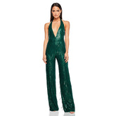 Glitter Sequin Fringe Plunge Backless Wide Leg Party Jumpsuit - Green