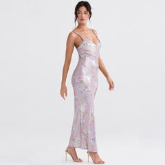 Robe longue moulante sans manches à imprimé fleuri brillant et col en V - Rose