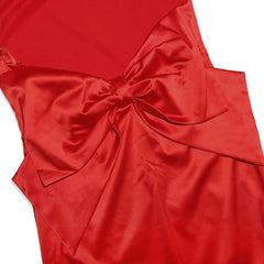 Robe longue de soirée en satin brillant avec nœud papillon et dos nu sans manches - Rouge