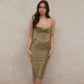 Glänzendes Satin-Bustier-Korsett-Midikleid mit Wasserfallausschnitt und Bügeln - Grün