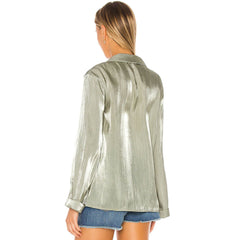 Passendes Set aus langärmliger Bluse und Hose aus glänzendem Satin mit weitem Bein - Grün