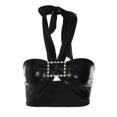 Glänzendes, Einfarbiges Neckholder-Crop-Top Mit Perlendetail Und Schnallenbesatz - Schwarz