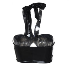 Glänzendes, Einfarbiges Neckholder-Crop-Top Mit Perlendetail Und Schnallenbesatz - Schwarz