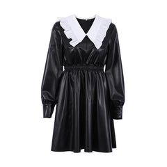 Gothic Style Peter Pan Langarm Leder Minikleid - Schwarz