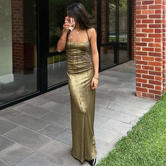 Robe longue moulante sans manches à col licou froncé métallisé - Vert olive