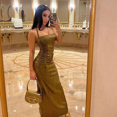 Robe longue moulante sans manches à col licou froncé métallisé - Vert olive