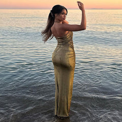 Robe longue moulante sans manches à col licou froncé métallisé - Vert olive