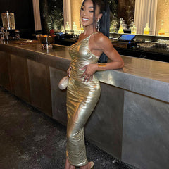 Metallic Gerafftes Spaghettiträger One-Shoulder Bodycon Party Maxikleid - Gold