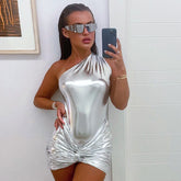 Metallic Gerafftes Twist Trim One Shoulder Bodycon Party Minikleid - Silber
