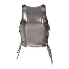 Metallic Einfarbig Rundhalsausschnitt Ärmelloses Crop Top Mit Schnürung - Silber