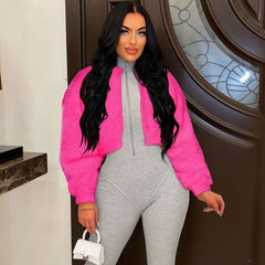 Manteau court en fausse fourrure à manches longues et épaules tombantes minimalistes - Rose vif