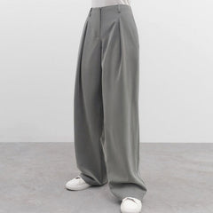 Minimalistische Einfarbige Hose Mit Hoher Taille Und Faltenbesatz Seitentasche Und Weitem Bein - Grau
