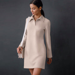 Minimalist Solid Color Long Sleeve Pointed Collar Mini Dress - Khaki